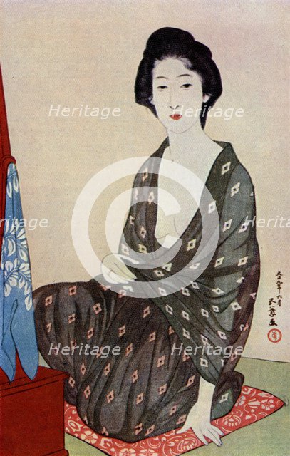 A Japanese woman wearing summer clothes, 1920 (1930).Artist: Hashiguchi Goyo