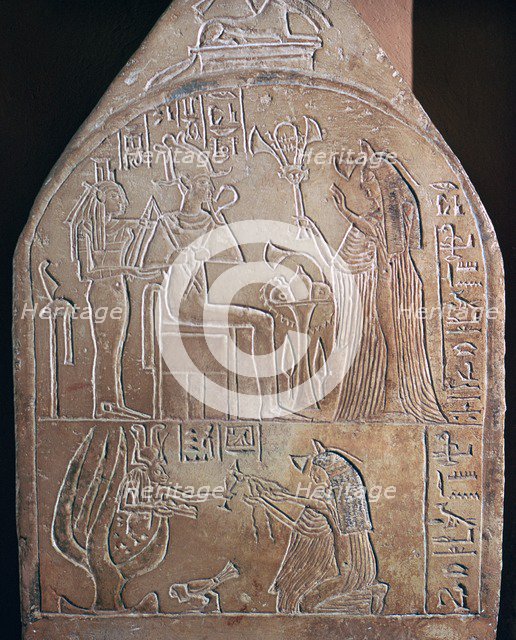 Egyptian detail of the funerary stele of a singer in the temple of Amon. Artist: Unknown