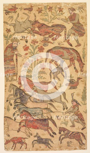 A marbled picture of Rustam catching Rakhsh, c. 1650. Creator: Shafi (Indian, active about 1650), attributed to.