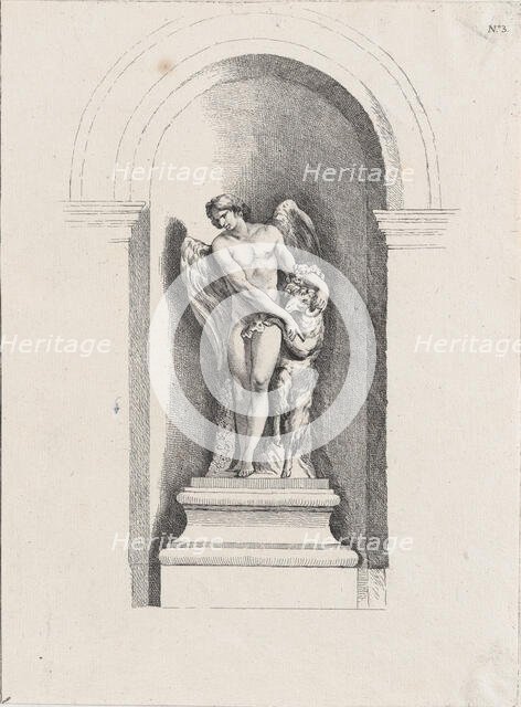 Standing male angel looking down to left and holding a ram; a..., possibly mid to late 18th century. Creator: Anon.