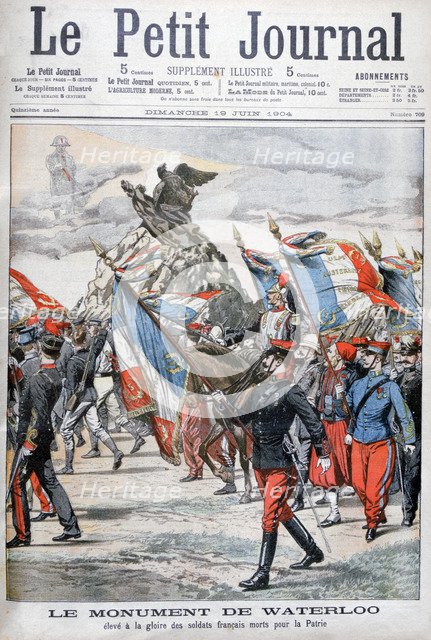 French troops parading past the monument to the battle of Waterloo, 1904. Artist: Unknown