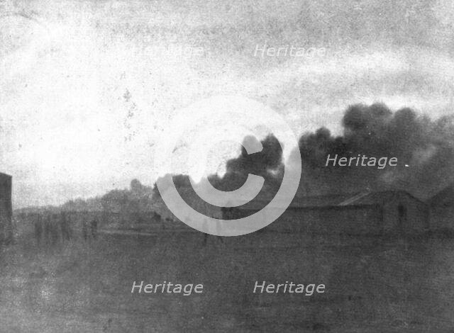 The Dark Hours of Italy; Fire in aviation hangars, October 25, before the arrival.., 1917. Creator: Unknown.