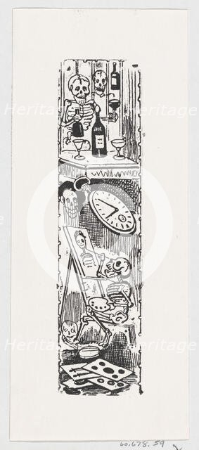 A skeleton painting and another skeleton holding a bottle of liquor, from a broad..., ca. 1880-1910. Creator: José Guadalupe Posada.