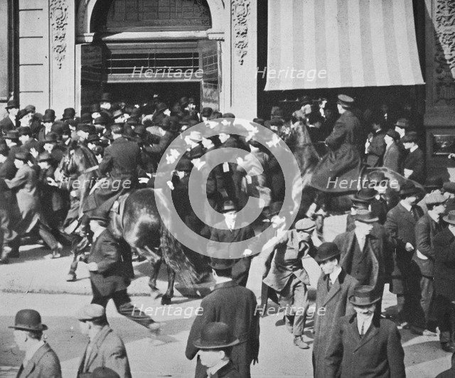 Mounted police disperse a crowd, Union Square, New York City, USA, late 19th or early 20th century. Artist: Unknown