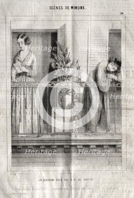 Scènes de moeurs: Un quatrieme étage rue N. D. de Lorette. Je crois quelle lit ma lettre.... Creator: Charles Joseph Traviès de Villers (French, 1804-1859).