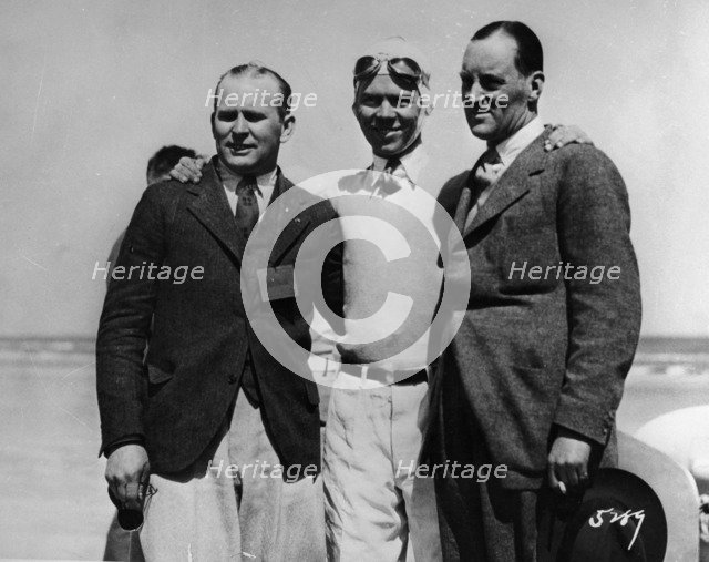Malcolm Campbell, Frank Lockhart, Ray Keech (right to left) at Daytona, Florida, 1928. Artist: Unknown