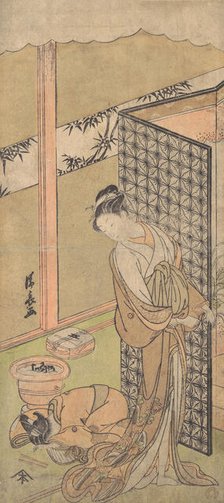 An Oiran in Night Attire, pausing, with one Hand on the Screen that Surrounds Her Bed,..., ca. 1770. Creator: Torii Kiyonaga.