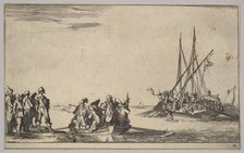 A rowboat full of men in center, a group of men standing on shore at left, a ship full of ..., 1639. Creator: Stefano della Bella.