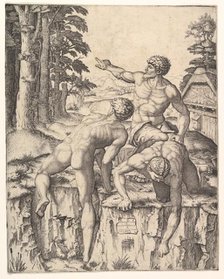The Climbers: three naked men, one seen from behind climbing onto a river-bank, soldiers e..., 1510. Creator: Marcantonio Raimondi.