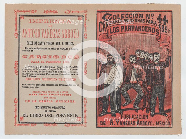 Cover for 'Canciones Modernas para 1898: Los Parranderos', group of men holding a bann..., ca. 1898. Creator: José Guadalupe Posada.