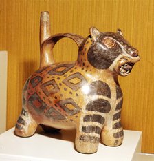 Painted pottery Bridge and Spout vessel in the form of a Jaguar, Tiahuanaco, Peru, 100-600.  Artist: Unknown.