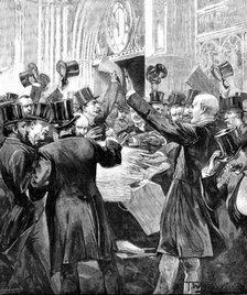 Scene in the Lobby, House of Commons: distributing Report of the Parnell Inquiry Commission, 1890. Creator: P Naumann.