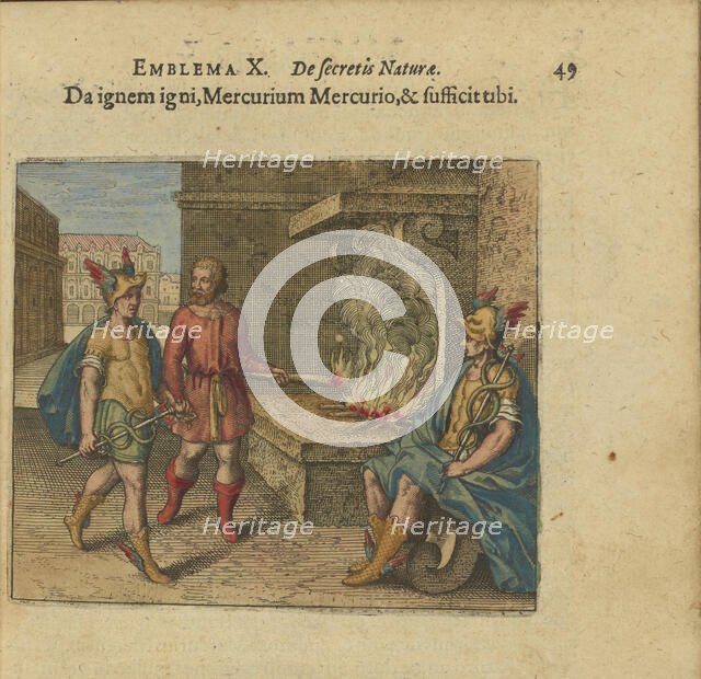 Emblem 10. Give fire to fire, Mercurius to Mercurius, and it is enough for you, 1618. Creator: Merian, Matthäus, the Elder (1593-1650).