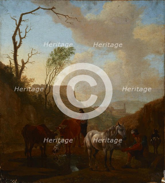 Landscape with Shepherds and Cattle at the Watering Place, 1st half of 18th century. Creator: Unknown.