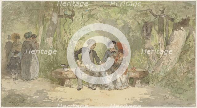 Man, wife and child on a bench in the park, 1863. Creator: Diederik Franciscus Jamin.