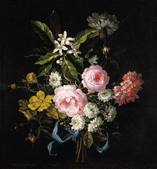 Bouquet of Chamomile, Roses, Orange Blossom and Carnations Tied with a Blue Ribbon. Artist: Monnoyer, Jean-Baptiste (1636-1699)