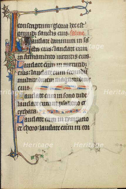 Initial L: Two Men Playing a Harp and a Hand Organ; Ruskin Hours, about 1300. Creator: Unknown.