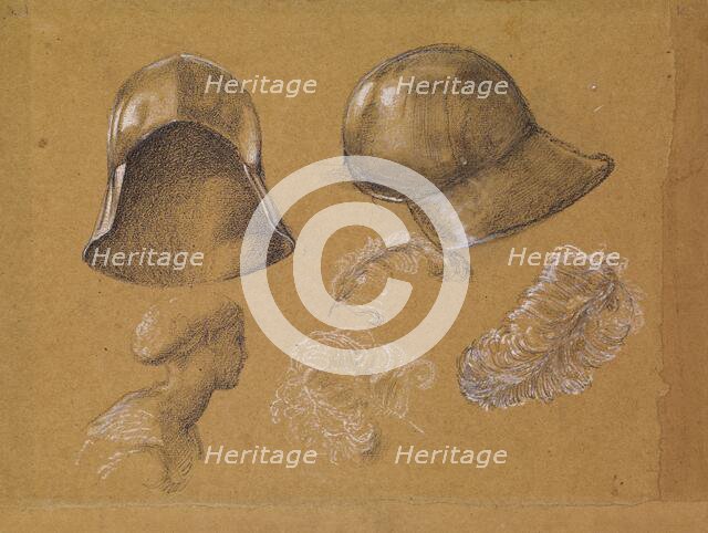 Studies of Helmet, Female Profile and Ostrich Feathers, 1865-1867 (possibly related to.... Creator: Sir Edward Coley Burne-Jones.