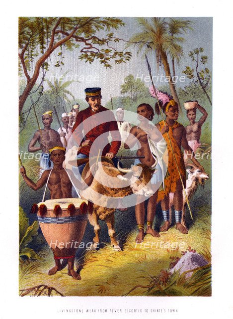 'Livingstone Weak From Fever Escorted to Shinte's Town', 19th century. Artist: Unknown