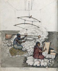 A man and a woman making cotton, (between 1800 and 1899?). Creator: Unknown.
