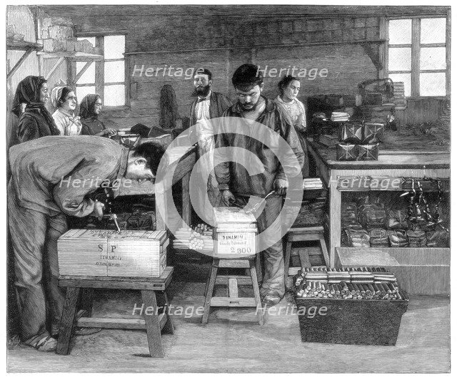 Packing cartridges into boxes at Isleten, near Fluelen, Switzerland, 1893. Artist: Unknown