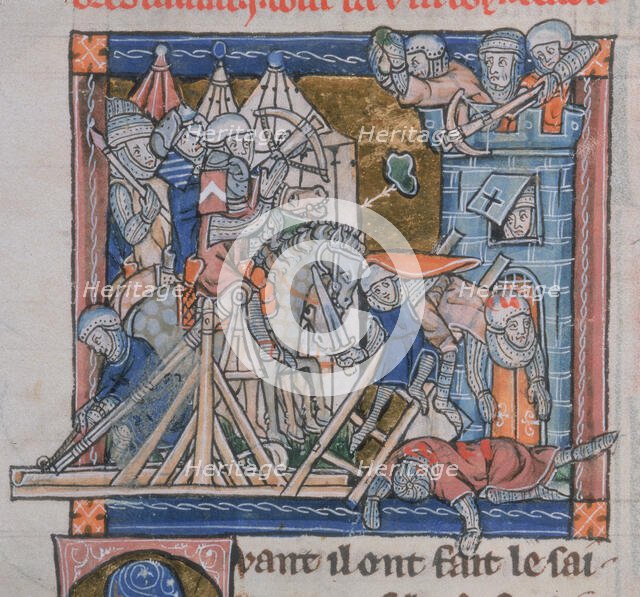 Guinevere besieged in the Tower of London by Mordred, c1300-c1310. Creator: Unknown.