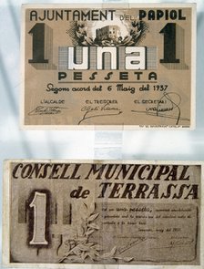 Banknotes issued by the municipalities of Papiol and Terrassa in May 1937 during the Spanish Civi…