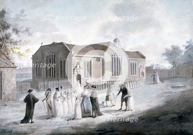 A procession of schoolchildren entering Broadway Chapel, Westminster, London, 1797. Artist: Daniel Orme