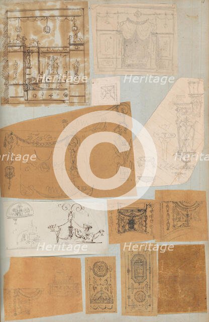 Page from a Scrapbook containing Drawings and Several Prints of Architecture, Int..., ca. 1800-1850. Creators: Workshop of Charles Percier, Workshop of Pierre François Léonard Fontaine.