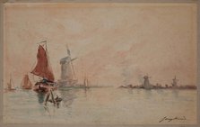 Boats on a Canal and Windmills near Dordrecht, c1920. Creator: School of Johan Barthold Jongkind.