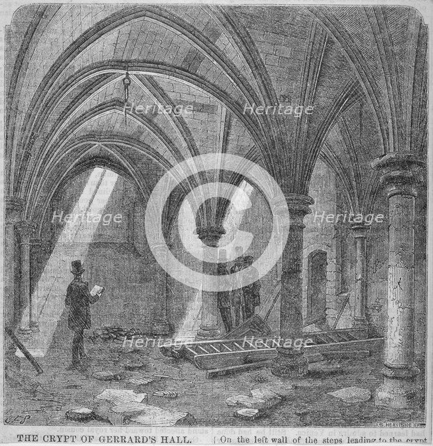 Crypt under Gerard's Hall on the south side of Basing Lane, City of London, 1849. Artist: IS Heaviside