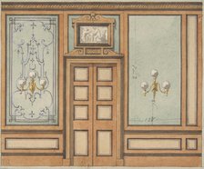 Elevation of a paneled interior with double doors and gaslight sconces, 1830-97. Creators: Jules-Edmond-Charles Lachaise, Eugène-Pierre Gourdet.