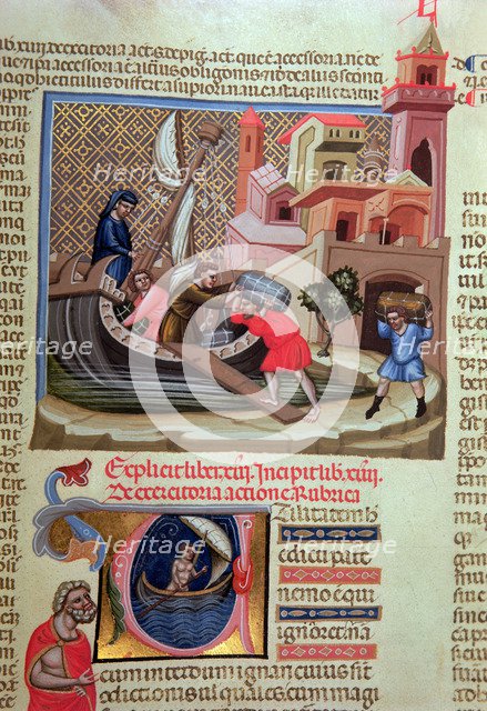 Shipment of goods on a boat and illuminated initial letter with a sailor in a boat, miniature in …