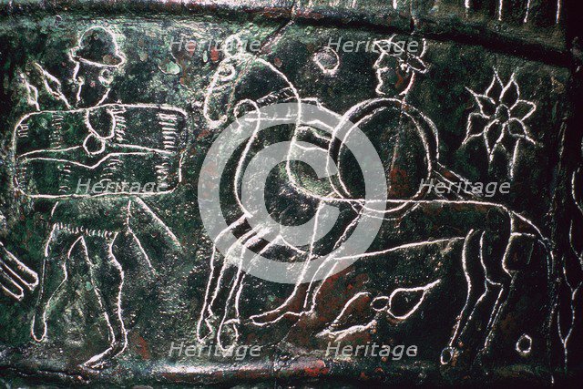 Detail of a bronze situala with Etruscan soldiers, 5th century BC. Artist: Unknown
