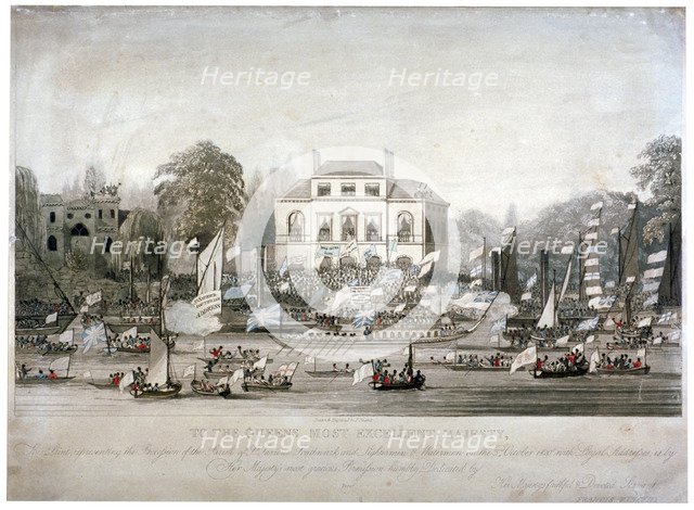 Scene on the Thames at Brandenburgh House, Hammersmith, London, 1820. Artist: F Vincent