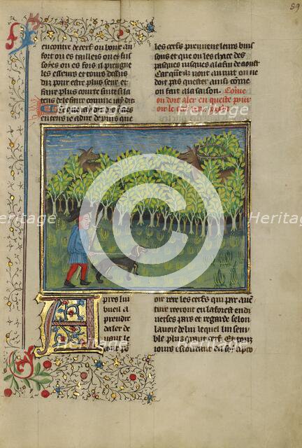 A Hunter and a Dog Spying on a Doe and a Troating Stag; Livre de la Chasse, about 1430-1440. Creator: Unknown.