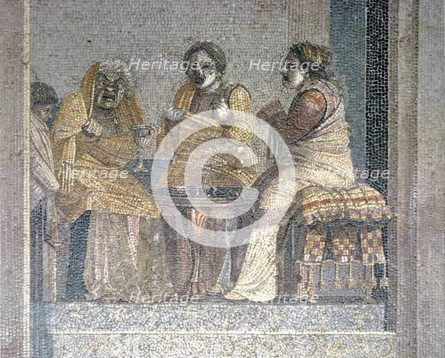 Roman mosaic of Scene from play with masked actors, Villa of Cicero, Pompeii,  c2nd century BC. Creator: Dioscurides of Samos.