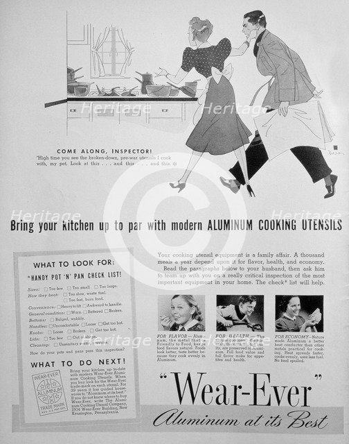 Advert for 'Wear-Ever' aluminium kitchen utensils, 1939. Artist: Unknown