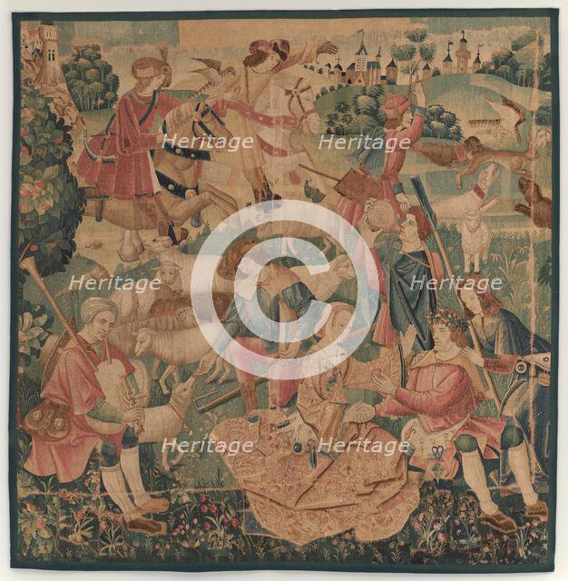 Hunting and Pastoral Scenes, with a wreathed hero between ladies, c. 1510. Creator: Unknown.