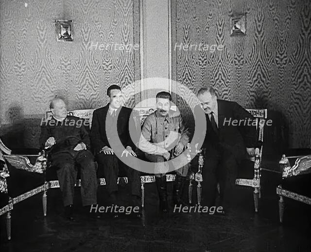 Winston Churchill, Joseph Stalin, W. Averell Harriman and Vyacheslav Molotov at a Meeting, 1942. Creator: British Pathe Ltd.