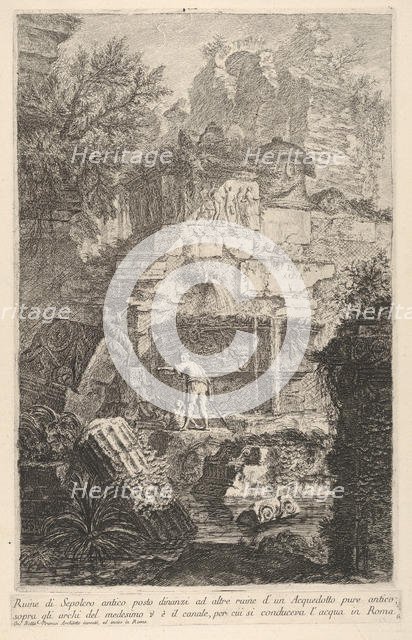 Plate 6: 'Ruins of an ancient tomb in front of ruins of an ancient aqueduct; above the arc..., 1743. Creator: Giovanni Battista Piranesi.