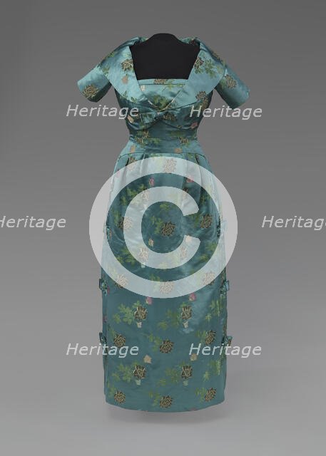 Teal blue dress and cropped jacket designed by Ann Lowe, 1950s. Creator: Unknown.