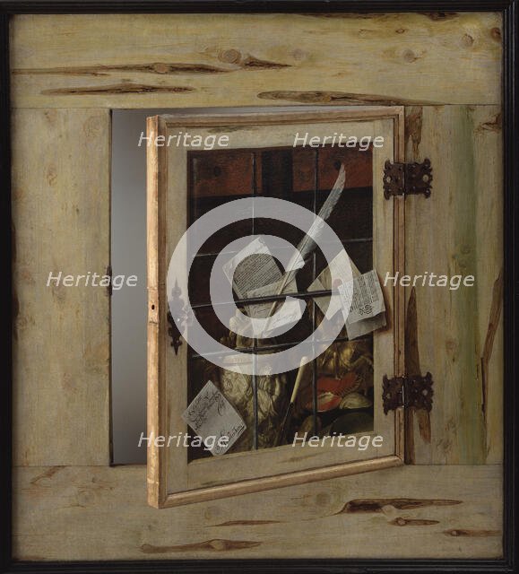 Trompe l'Oeil. A Cabinet of Curiosities with an Ivory Tankard, 1670. Creator: Gijsbrechts, Cornelis Norbertus (before 1657-after 1675).