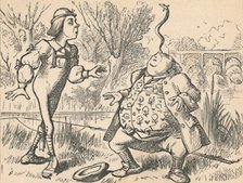 'The youth and his father, who is balancing a fish on his nose', 1889. Artist: John Tenniel.