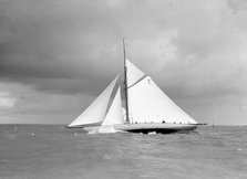The 15 Metre class sailing yacht 'Istria' close-hauled and heeling in fresh breeze, 1912.  Creator: Kirk & Sons of Cowes.