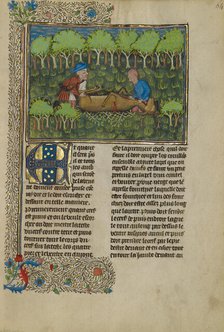 Hunters Flaying a Deer's Carcass; Livre de la Chasse, about 1430-1440. Creator: Unknown.