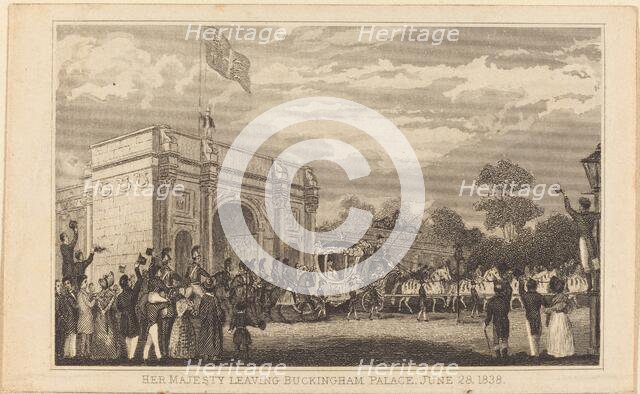 Her Majesty Leaving Buckingham Palace, June 28, 1838 [left half], 19th century. Creator: Unknown.