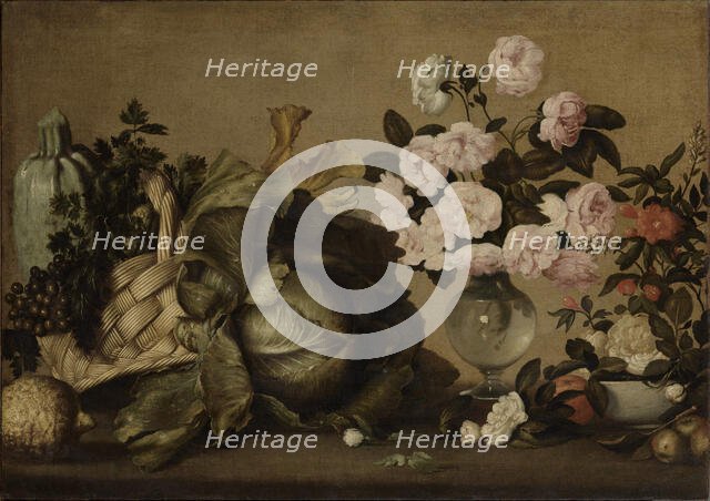 Still life with courgettes, grapes, parsley, cabbage, vase of peonies and fruit, c1630-1634. Creator: Strozzi; Bernardo (1581-1644).