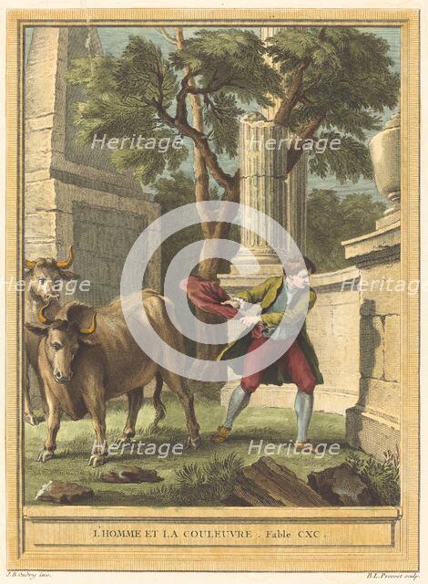 L'homme et la couleuvre (Man and the Snake), published 1759. Creator: Benoit-Louis Prevost.