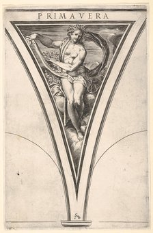 Spring (Primavera) represented as a woman bearing a billowing drape and garlands..., ca. 1570-1615. Creator: Cherubino Alberti.